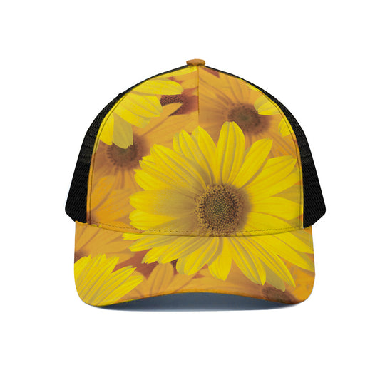 Yellow Daisy Flower Print Black Mesh Trucker Cap
