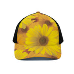 Yellow Daisy Flower Print Black Mesh Trucker Cap