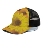 Yellow Daisy Flower Print Black Mesh Trucker Cap