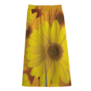 Yellow Daisy Flower Print Cotton Front Slit Maxi Skirt