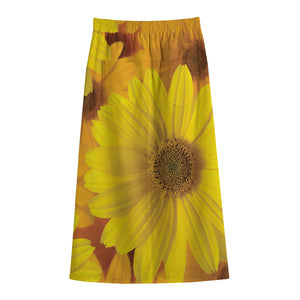 Yellow Daisy Flower Print Cotton Front Slit Maxi Skirt