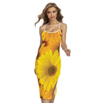 Yellow Daisy Flower Print Cross Back Cami Dress