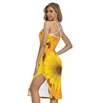 Yellow Daisy Flower Print Cross Back Cami Dress