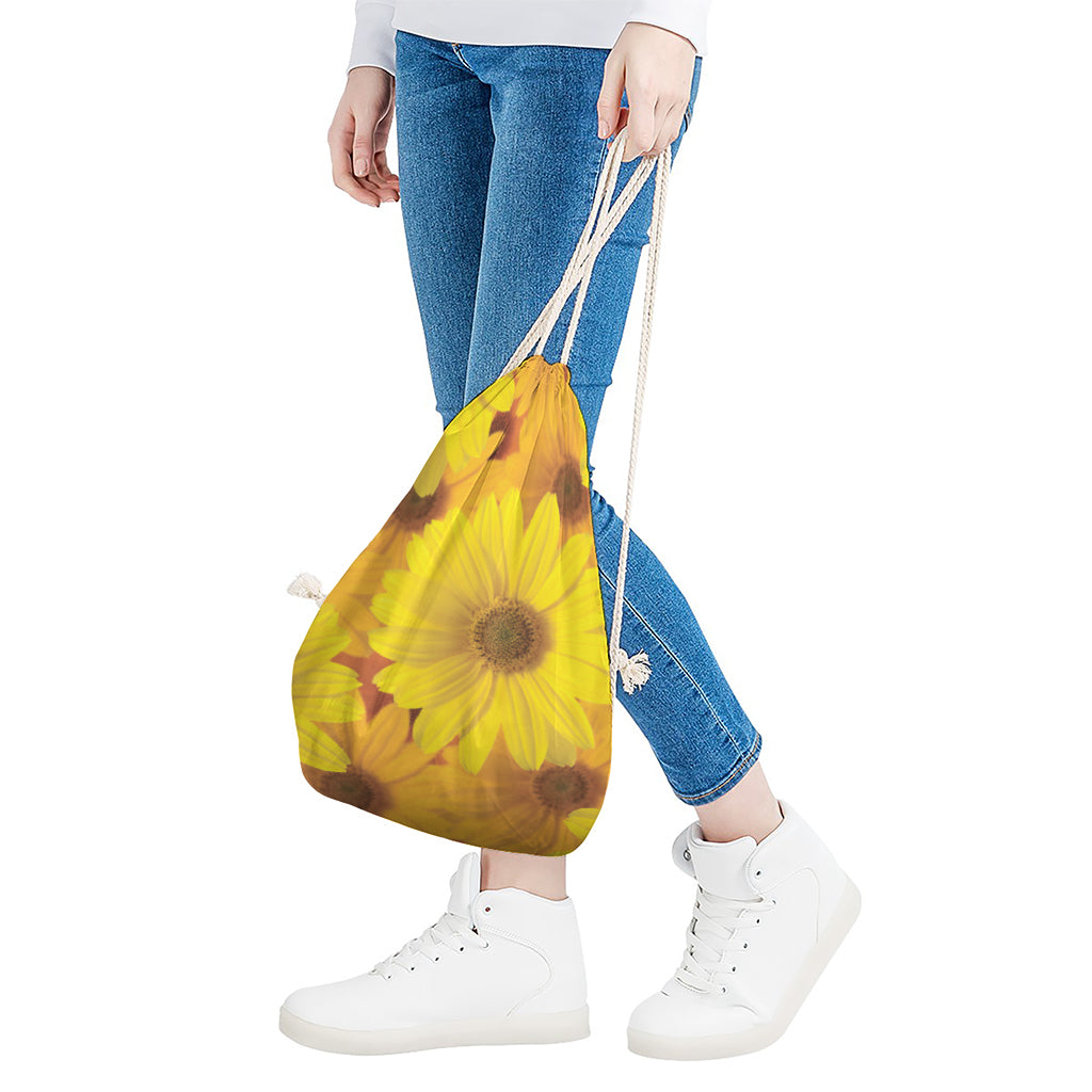 Yellow Daisy Flower Print Drawstring Bag