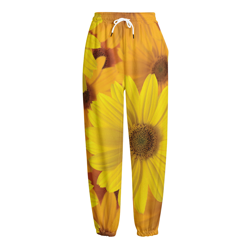 Yellow Daisy Flower Print Fleece Lined Knit Pants