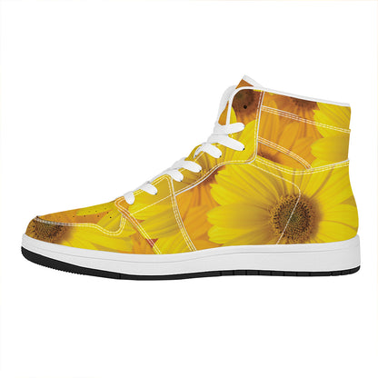 Yellow Daisy Flower Print High Top Leather Sneakers