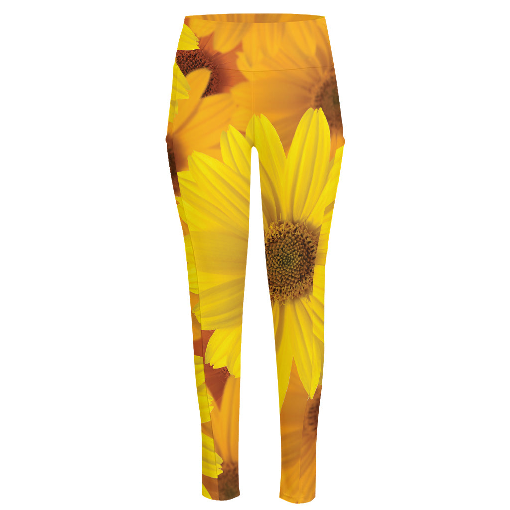 Yellow Daisy Flower Print High-Waisted Pocket Leggings