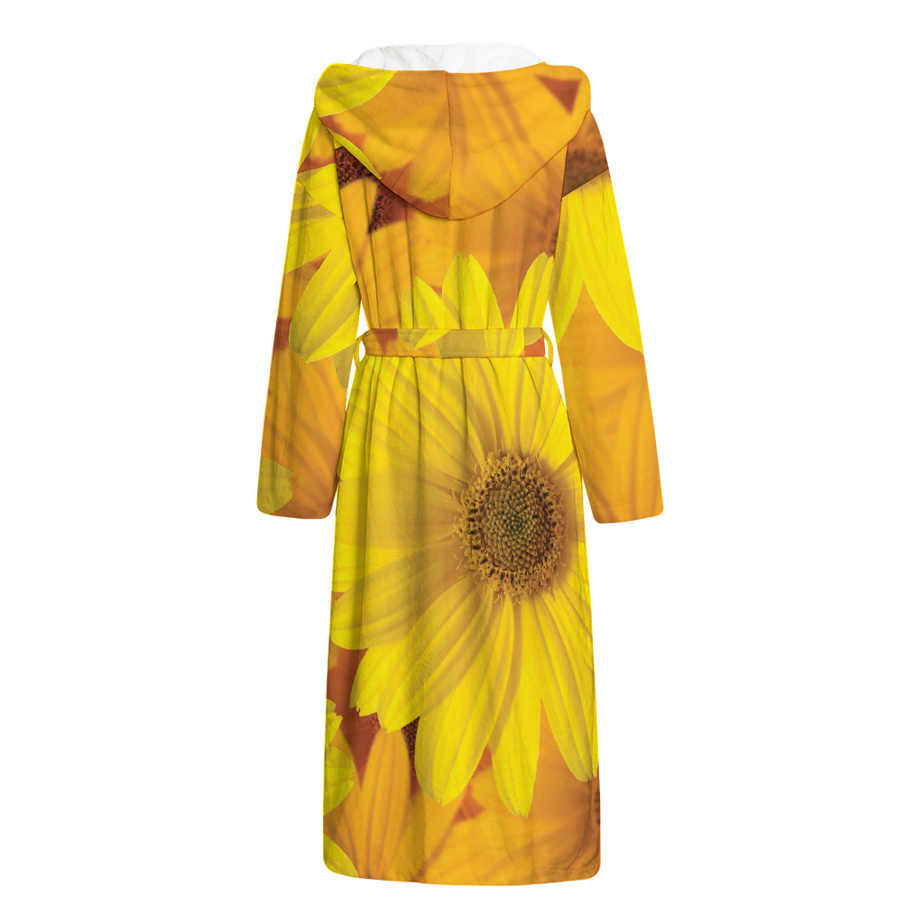 Yellow Daisy Flower Print Hooded Bathrobe