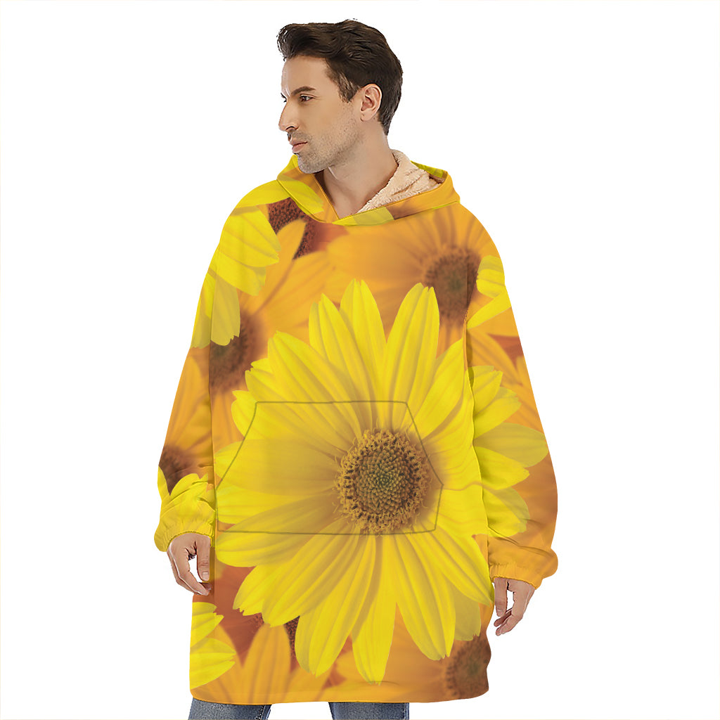 Yellow Daisy Flower Print Hoodie Blanket