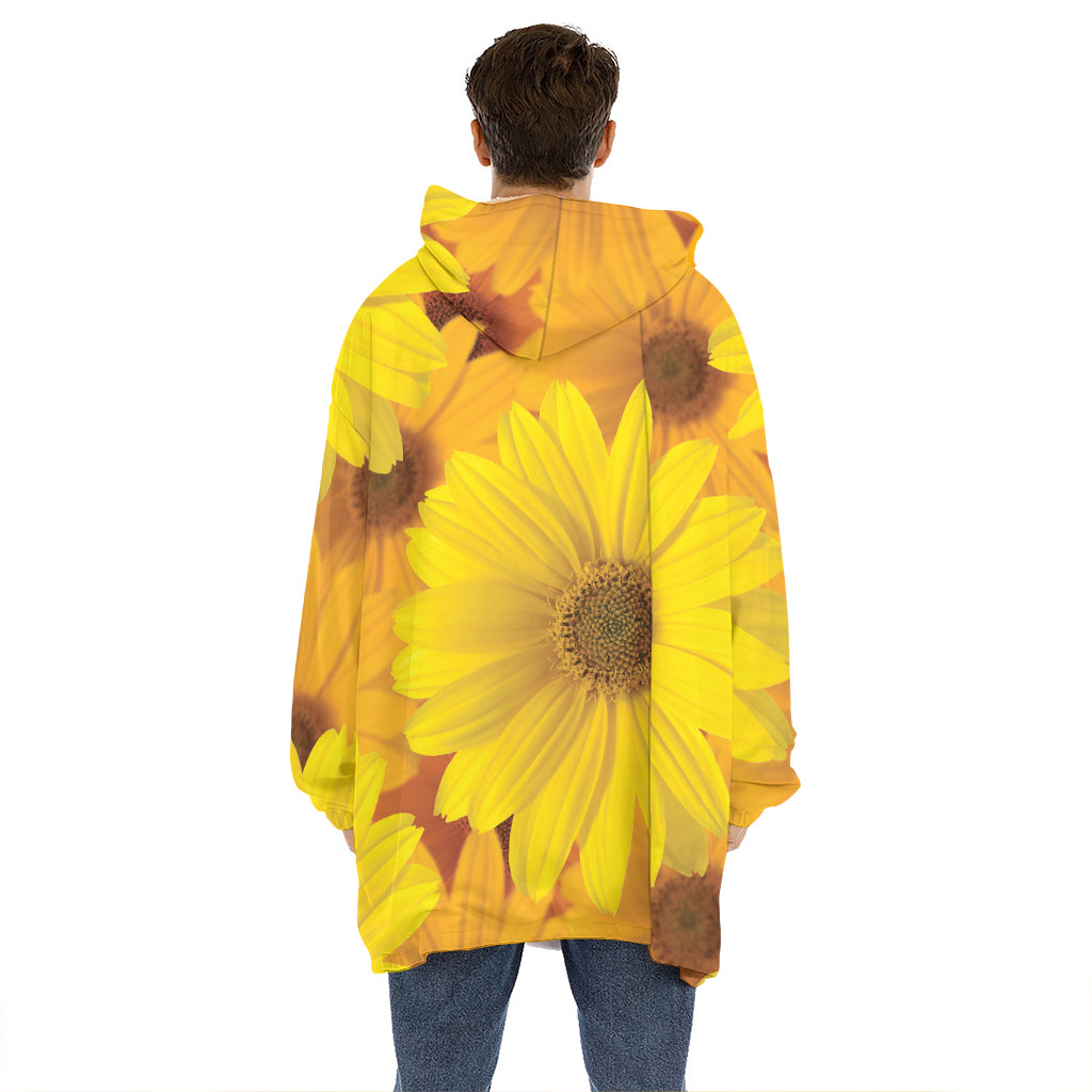 Yellow Daisy Flower Print Hoodie Blanket