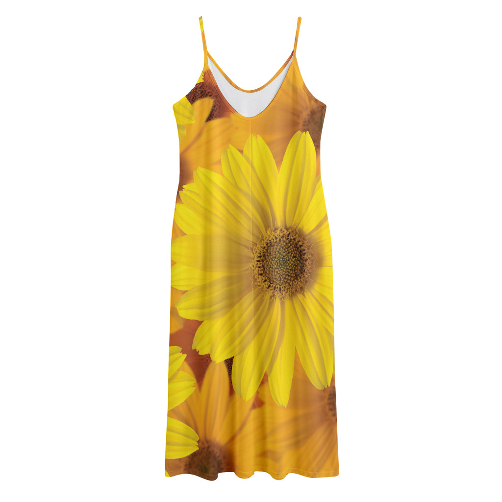 Yellow Daisy Flower Print Jersey Midi Cami Dress