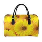 Yellow Daisy Flower Print Leather Duffle Bag