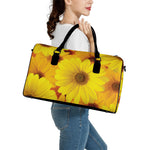 Yellow Daisy Flower Print Leather Duffle Bag