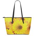 Yellow Daisy Flower Print Leather Tote Bag With Zipper