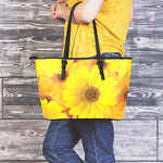 Yellow Daisy Flower Print Leather Tote Bag