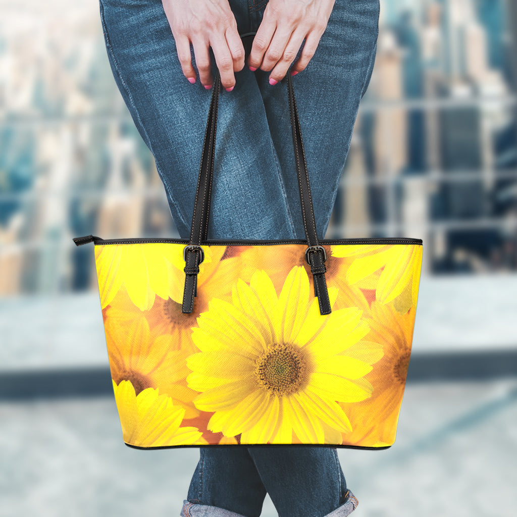 daisy floral print leather backpack Yellow Daisy Flower Print Leather Tote Bag With Zipper
