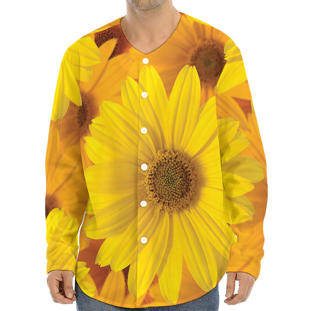 Yellow Daisy Flower Print Long Sleeve Baseball Jersey