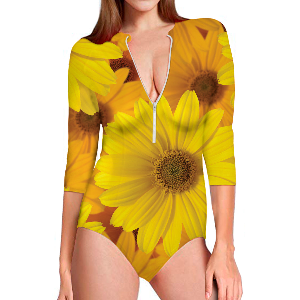 Yellow Daisy Flower Print Long Sleeve Swimsuit