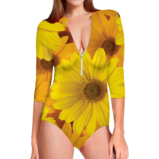 Yellow Daisy Flower Print Long Sleeve Swimsuit
