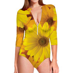 Yellow Daisy Flower Print Long Sleeve Swimsuit