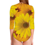 Yellow Daisy Flower Print Long Sleeve Swimsuit