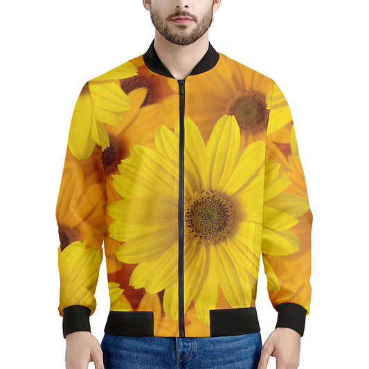 Yellow Daisy Flower Print Men's Bomber Jacket