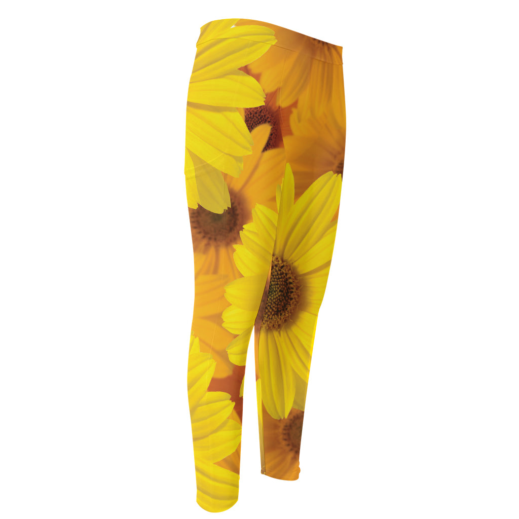 Yellow Daisy Flower Print Men's Compression Pants