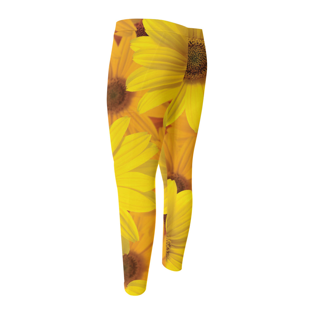 Yellow Daisy Flower Print Men's Compression Pants