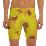 Yellow Daisy Flower Print Men's Long Boxer Briefs