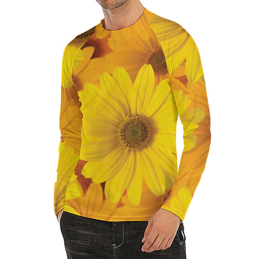 Yellow Daisy Flower Print Men's Long Sleeve Rash Guard