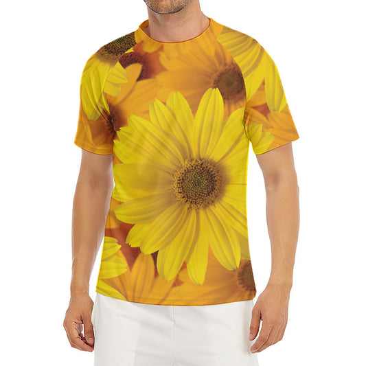 Yellow Daisy Flower Print Men's Short Sleeve Rash Guard
