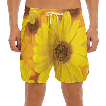 Yellow Daisy Flower Print Men's Split Running Shorts