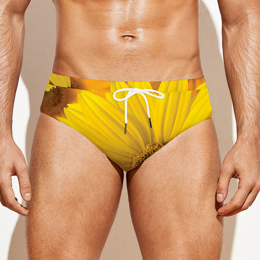 Yellow Daisy Flower Print Men's Swim Briefs