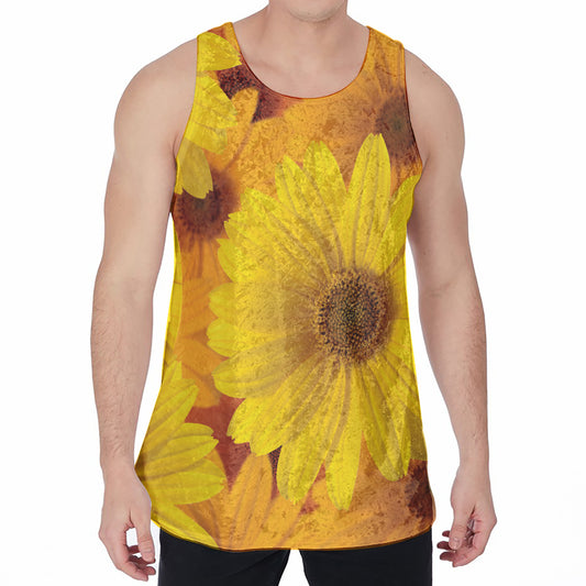 Yellow Daisy Flower Print Men's Velvet Tank Top