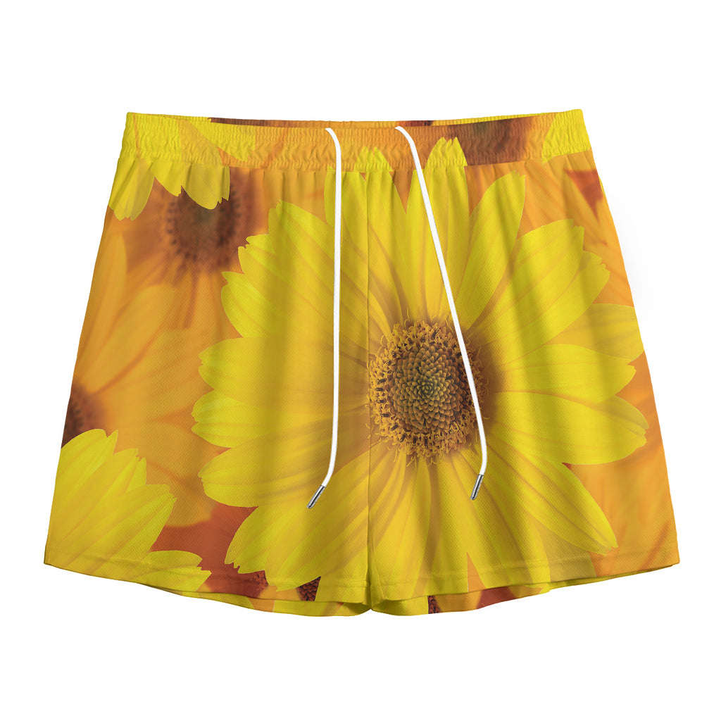 Yellow Daisy Flower Print Mesh Shorts