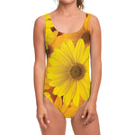Yellow Daisy Flower Print One Piece Swimsuit