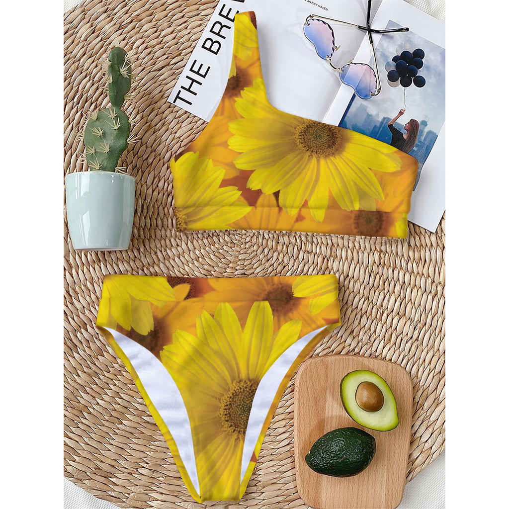 Yellow Daisy Flower Print One Shoulder Bikini Top