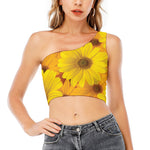 Yellow Daisy Flower Print One Shoulder Crop Top