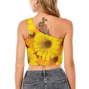 Yellow Daisy Flower Print One Shoulder Crop Top