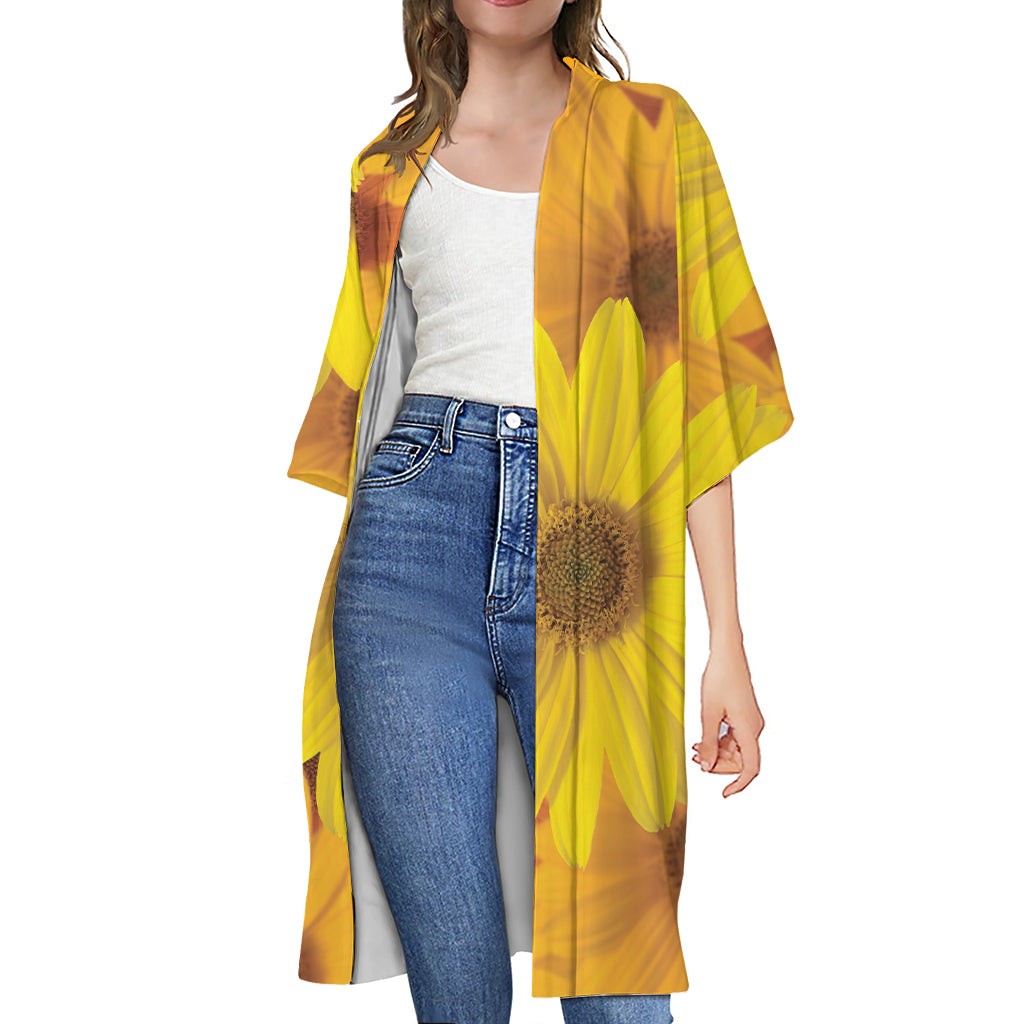 Yellow Daisy Flower Print Open Front Beach Cover Up