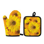 Yellow Daisy Flower Print Oven Mitt And Pot Holder Set
