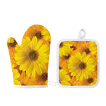 Yellow Daisy Flower Print Oven Mitt And Pot Holder Set
