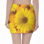 Yellow Daisy Flower Print Pencil Mini Skirt