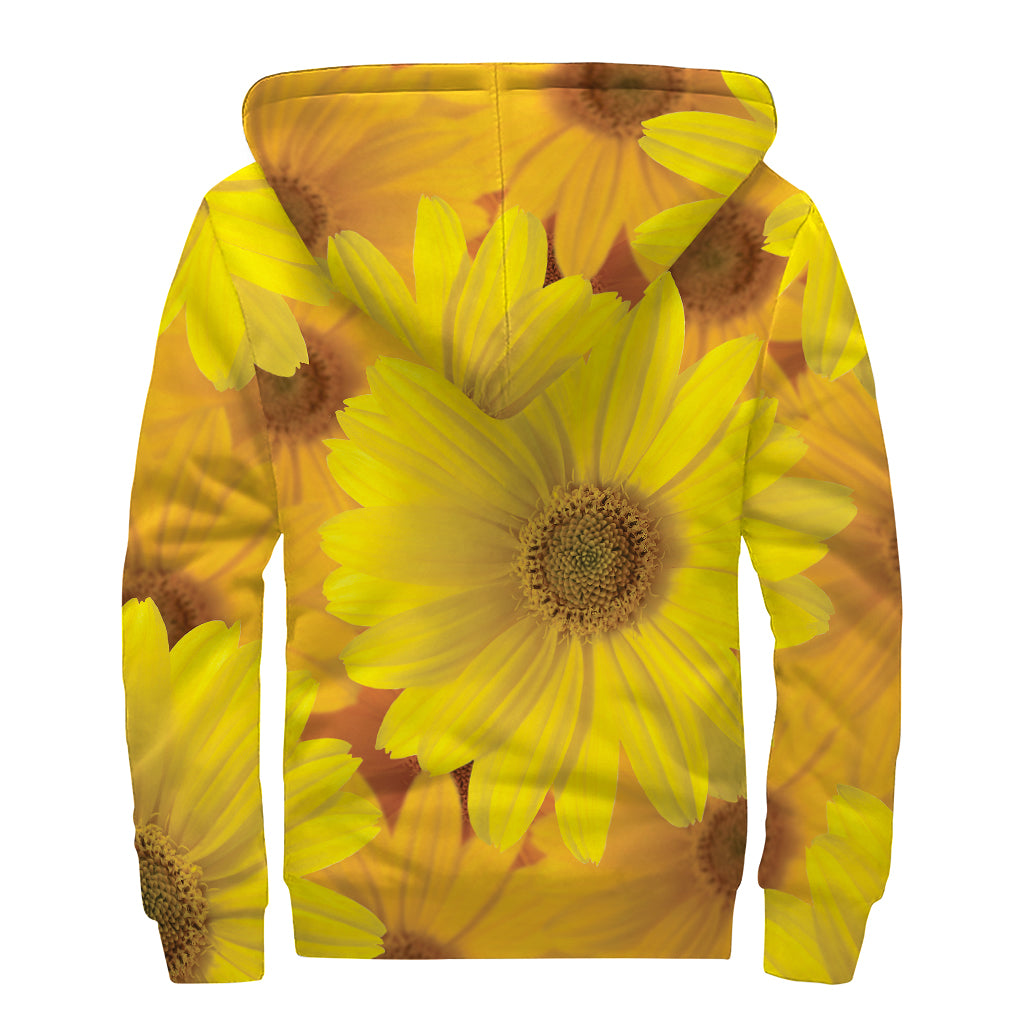 Yellow Daisy Flower Print Sherpa Lined Zip Up Hoodie