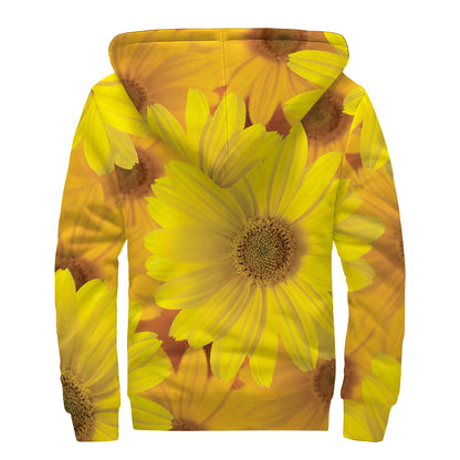 Yellow Daisy Flower Print Sherpa Lined Zip Up Hoodie