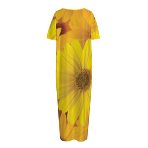 Yellow Daisy Flower Print Short Sleeve Long Nightdress