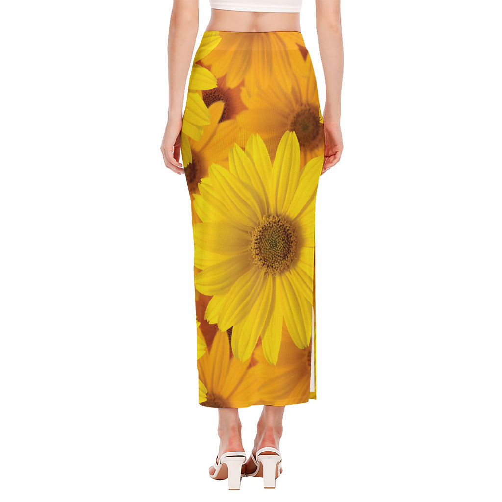 Yellow Daisy Flower Print Side Slit Maxi Skirt