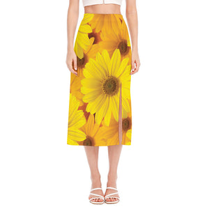 Yellow Daisy Flower Print Side Slit Midi Skirt