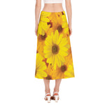 Yellow Daisy Flower Print Side Slit Midi Skirt