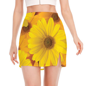 Yellow Daisy Flower Print Side Slit Mini Skirt